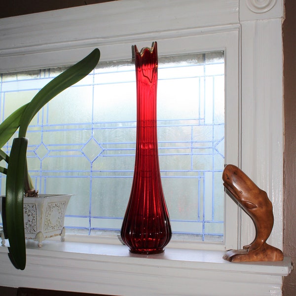 Large Red Glass Vase 25" Vintage Mid Century Modern Swung Glass