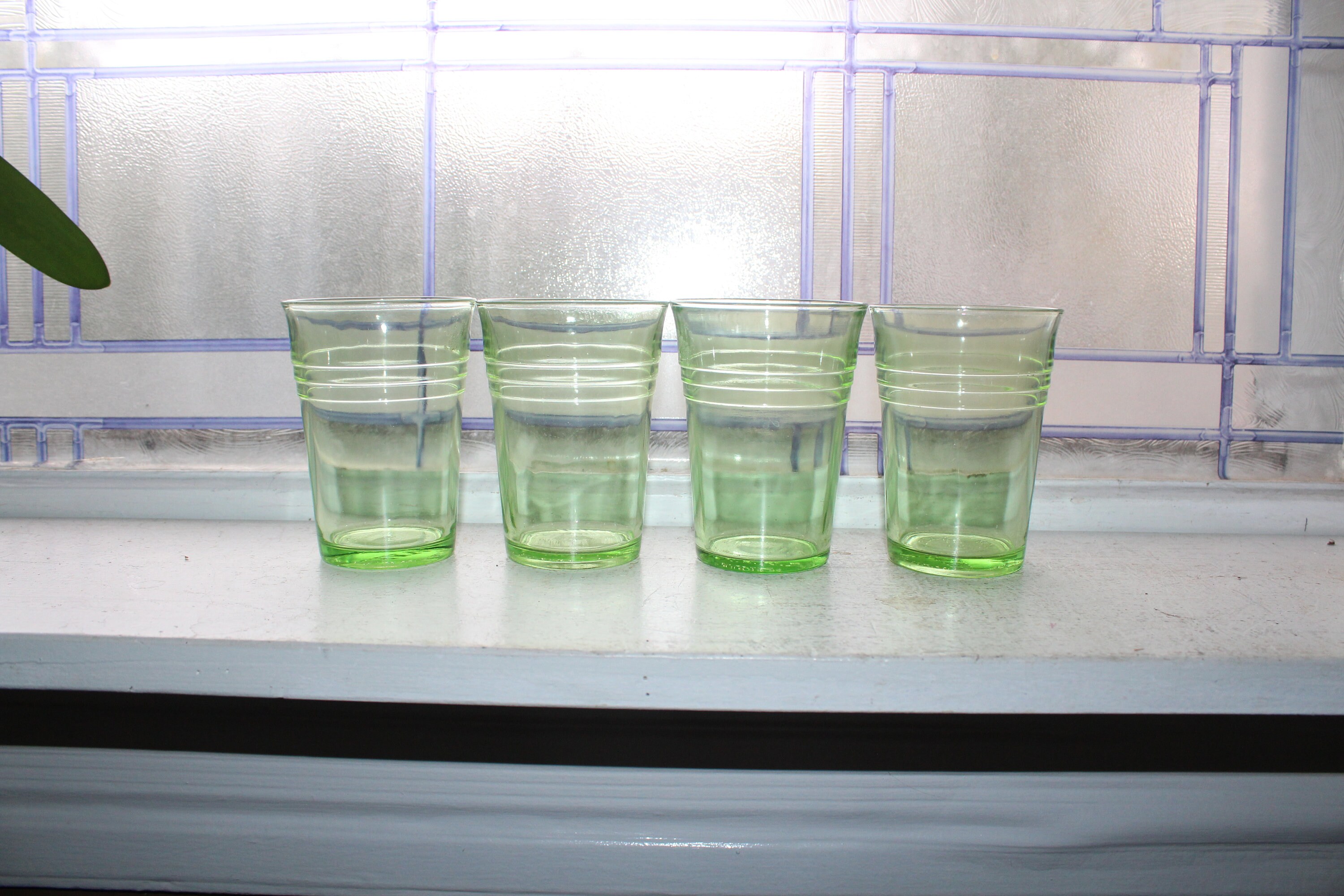 4 Green Depression Glass Tumblers Advertising Wards Winona MN