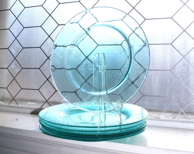 6 Aqua Blue Dinner Plates Seeded Bubble Glass Home Studio Shoreline Collection