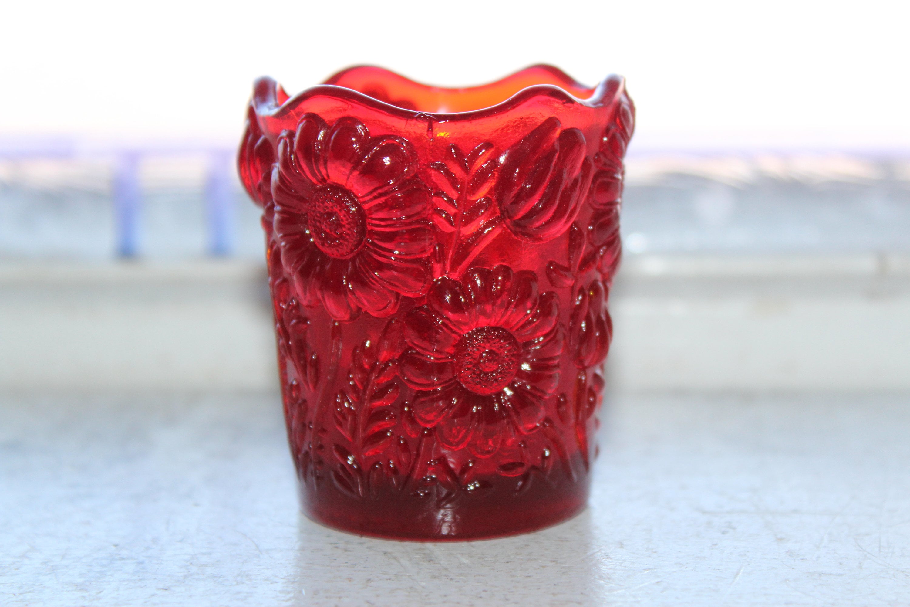 Vintage Red Glass Toothpick Holder Daisy and Tulip