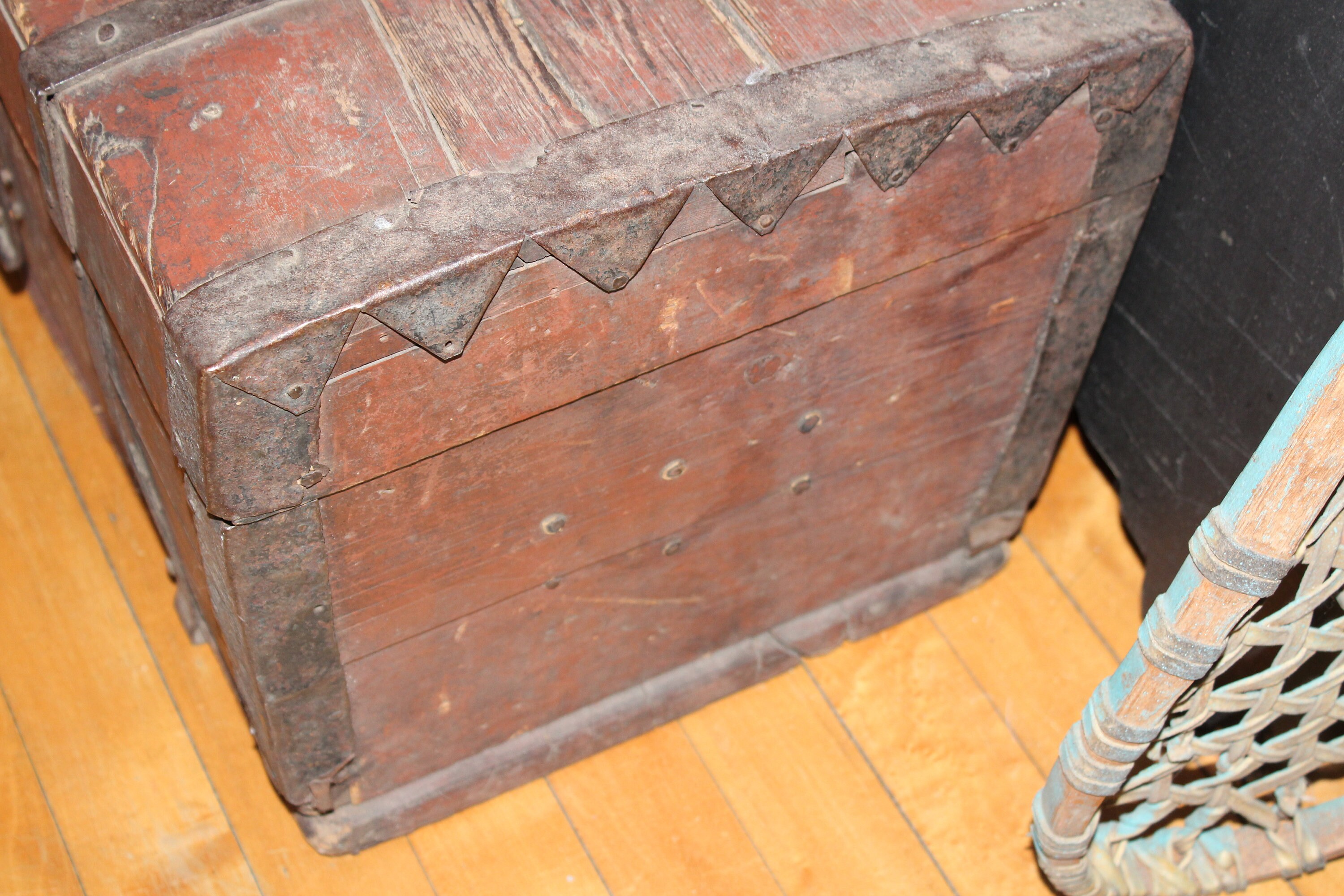Antique 1800s Wood Trunk Immigrant Chest Original Red Paint New York
