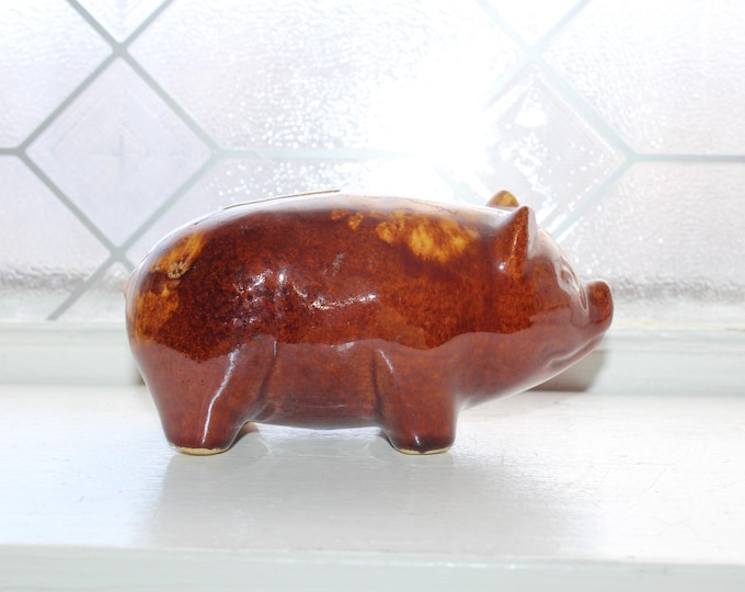 Antique Yellowware Piggy Bank Mottled Brown Stoneware Rockingham Bennington