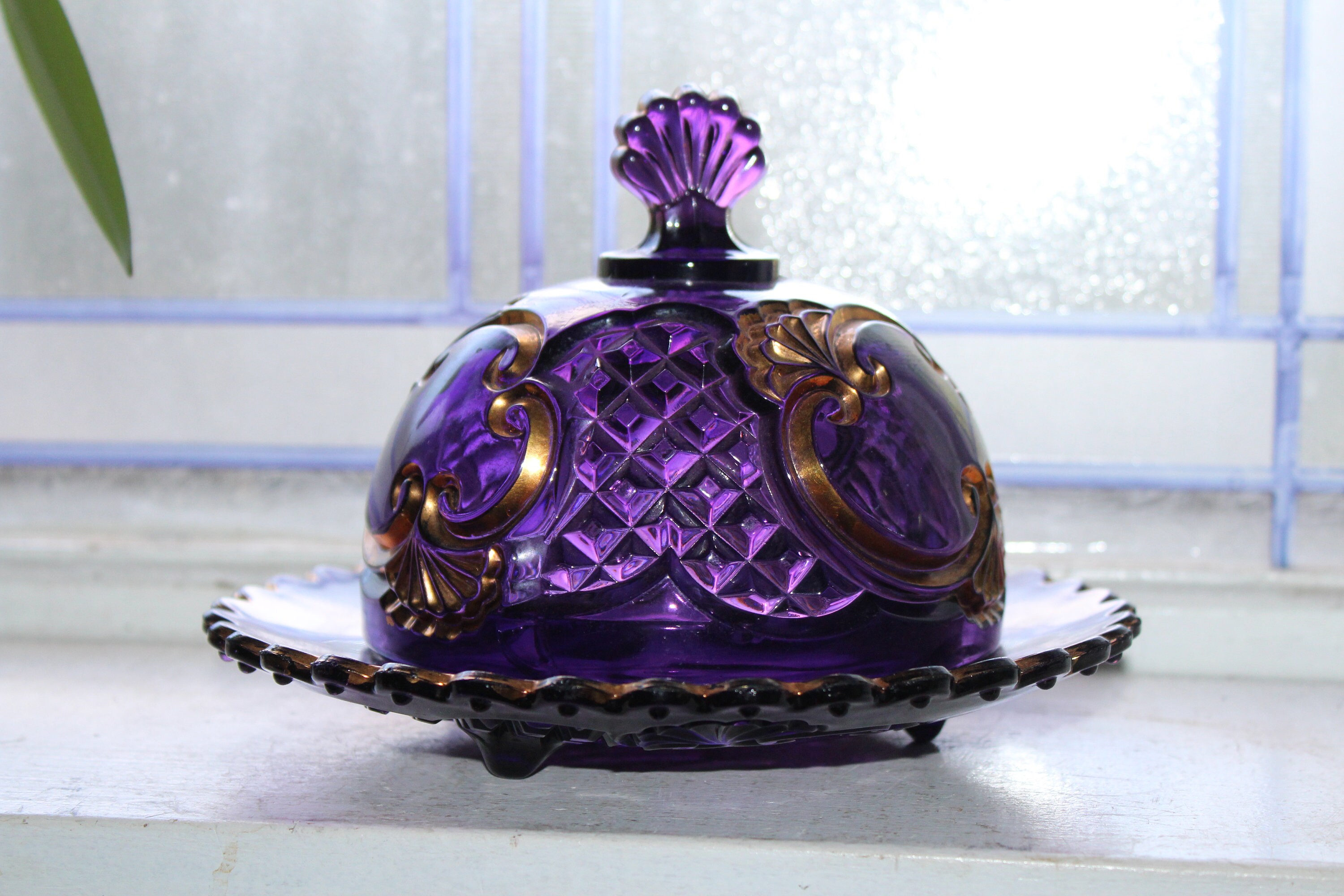 EAPG Domed Amethyst Purple Glass Butter Dish Antique 1800s Croesus