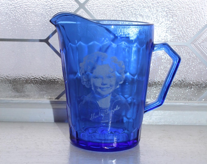 1930s Shirley Temple Pitcher Vintage Cobalt Blue Glass