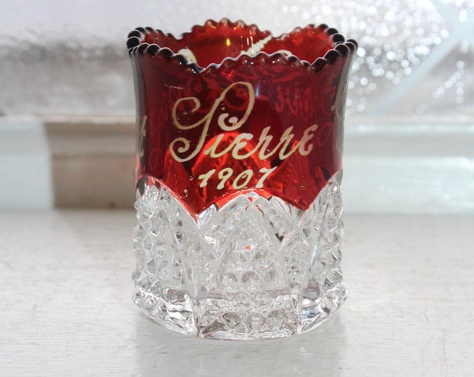Antique EAPG Ruby Flashed Toothpick Holder Souvenir 1907 Pierre SD
