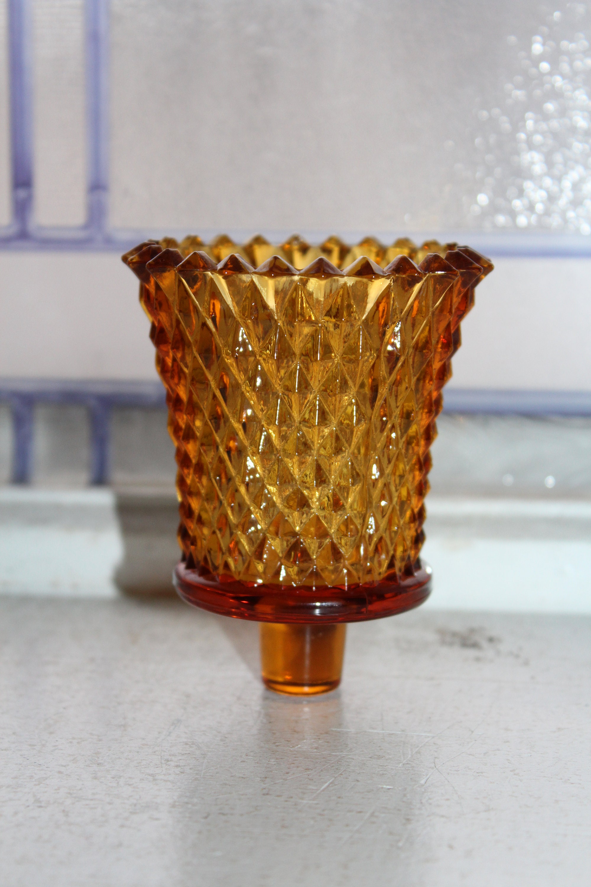 Vintage Amber Glass Diamdond Hobnail Votive Candle Holder Insert