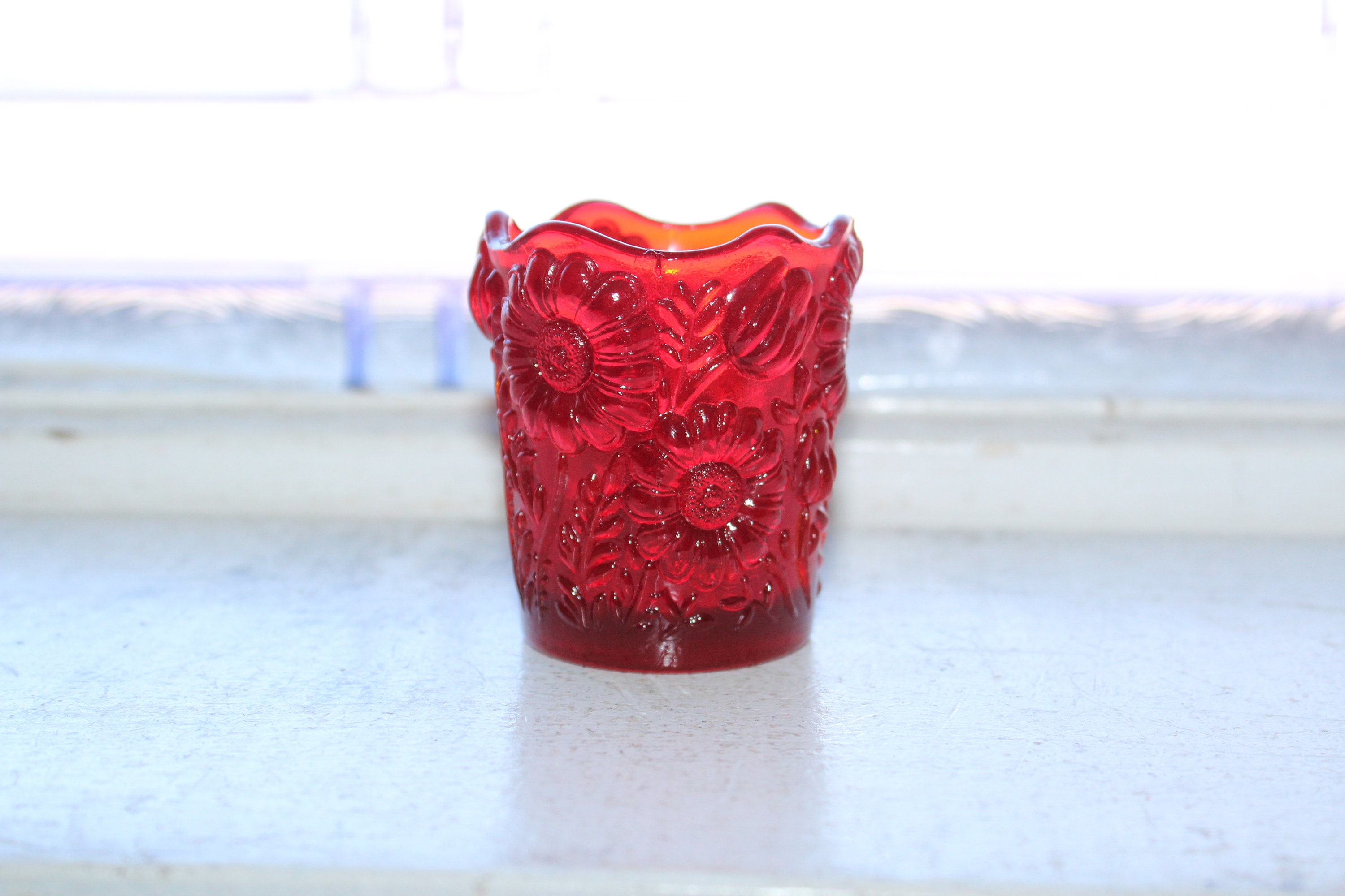 Vintage Red Glass Toothpick Holder Daisy and Tulip