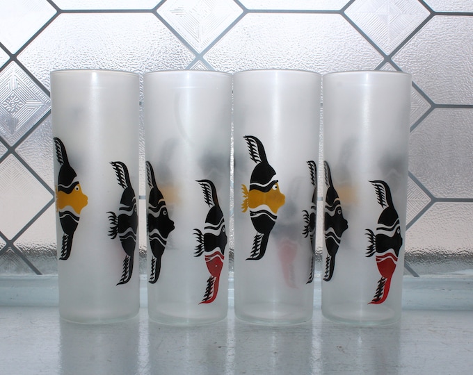 4 Mid Century Federal Glass Frosted Fish Tom Collins Tumblers