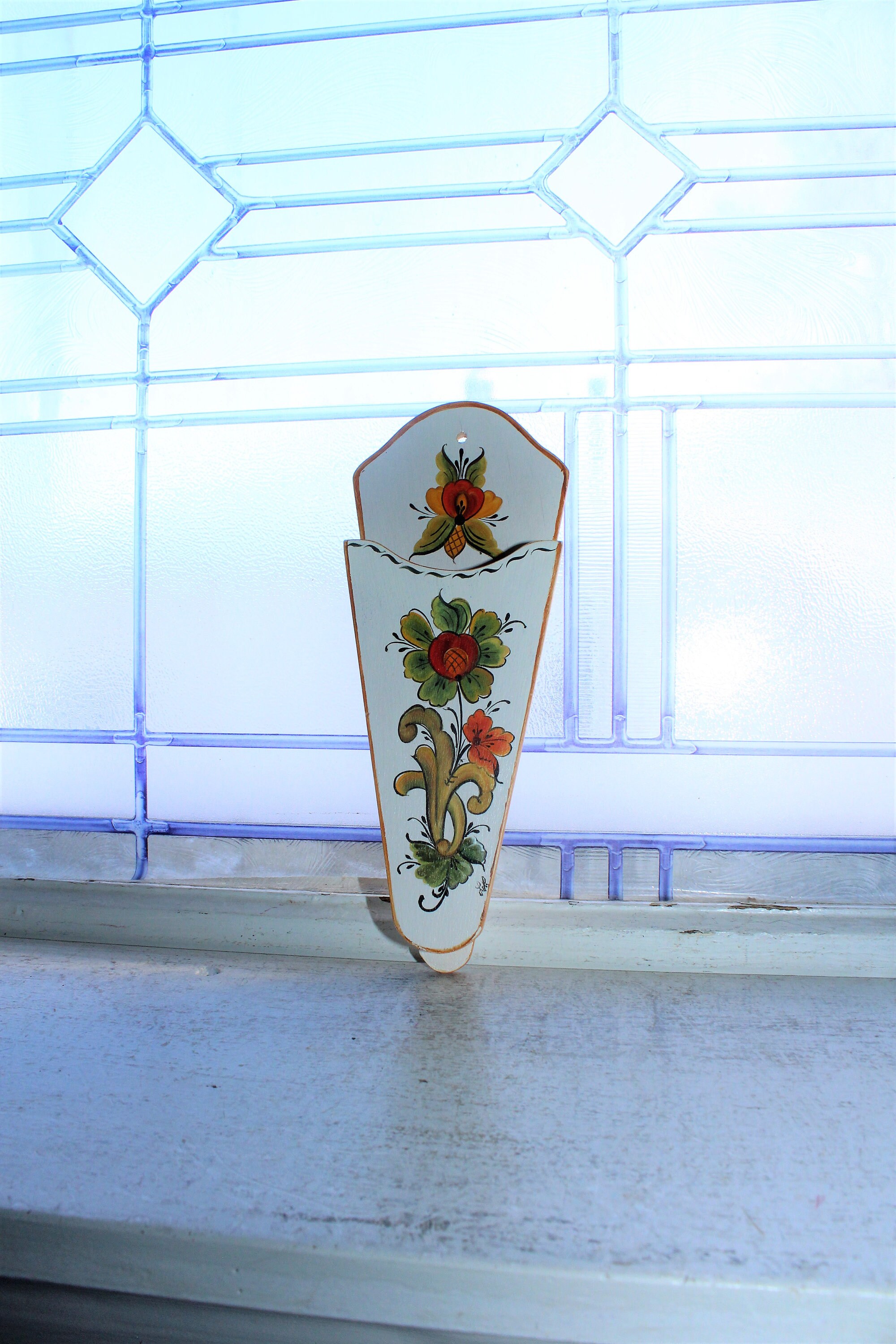 Vintage Rosemaling Wood Wall Pocket Norwegian Folk Art