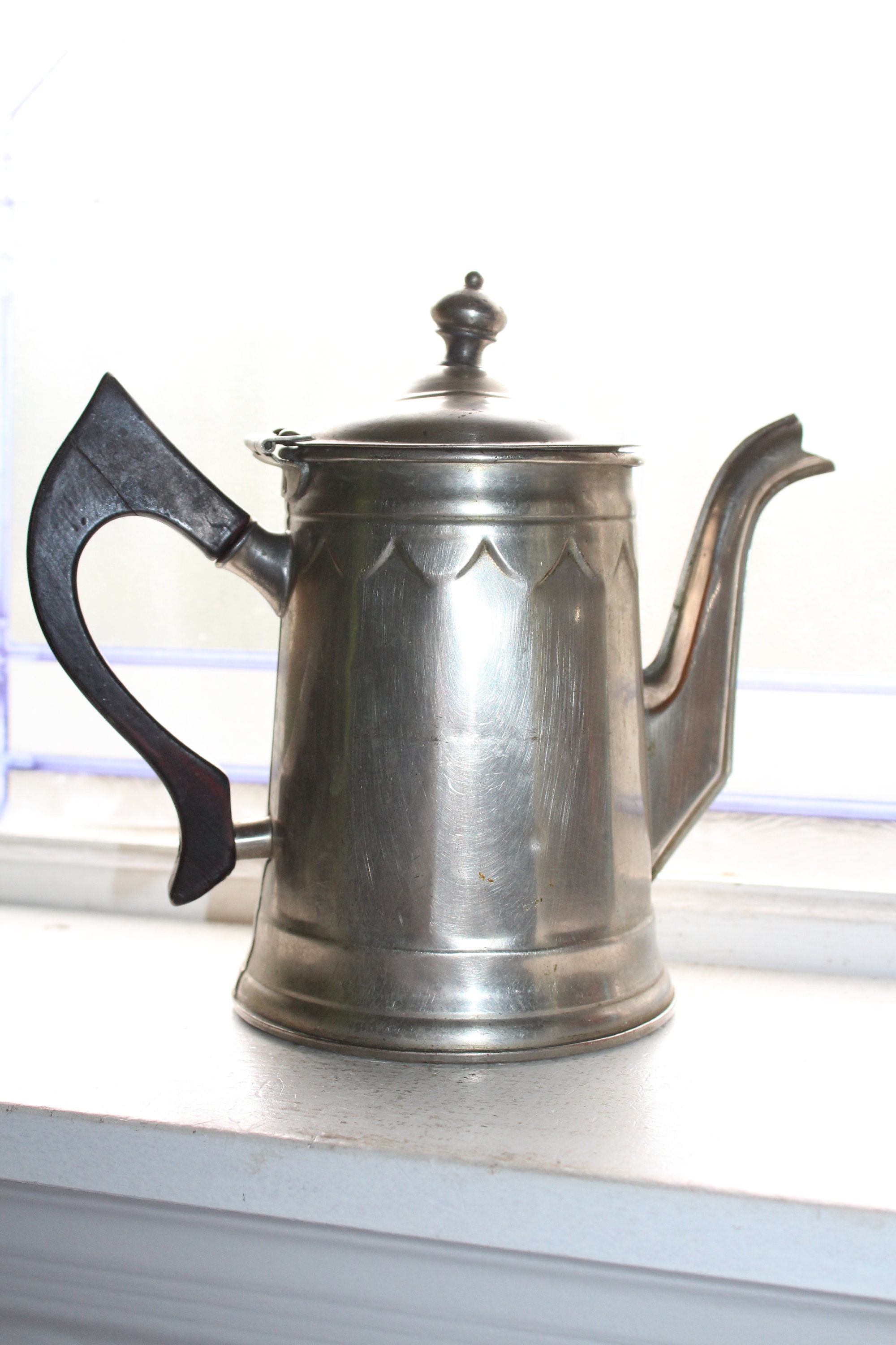 Antique Teapot Tin on Copper with Black Wood Handle