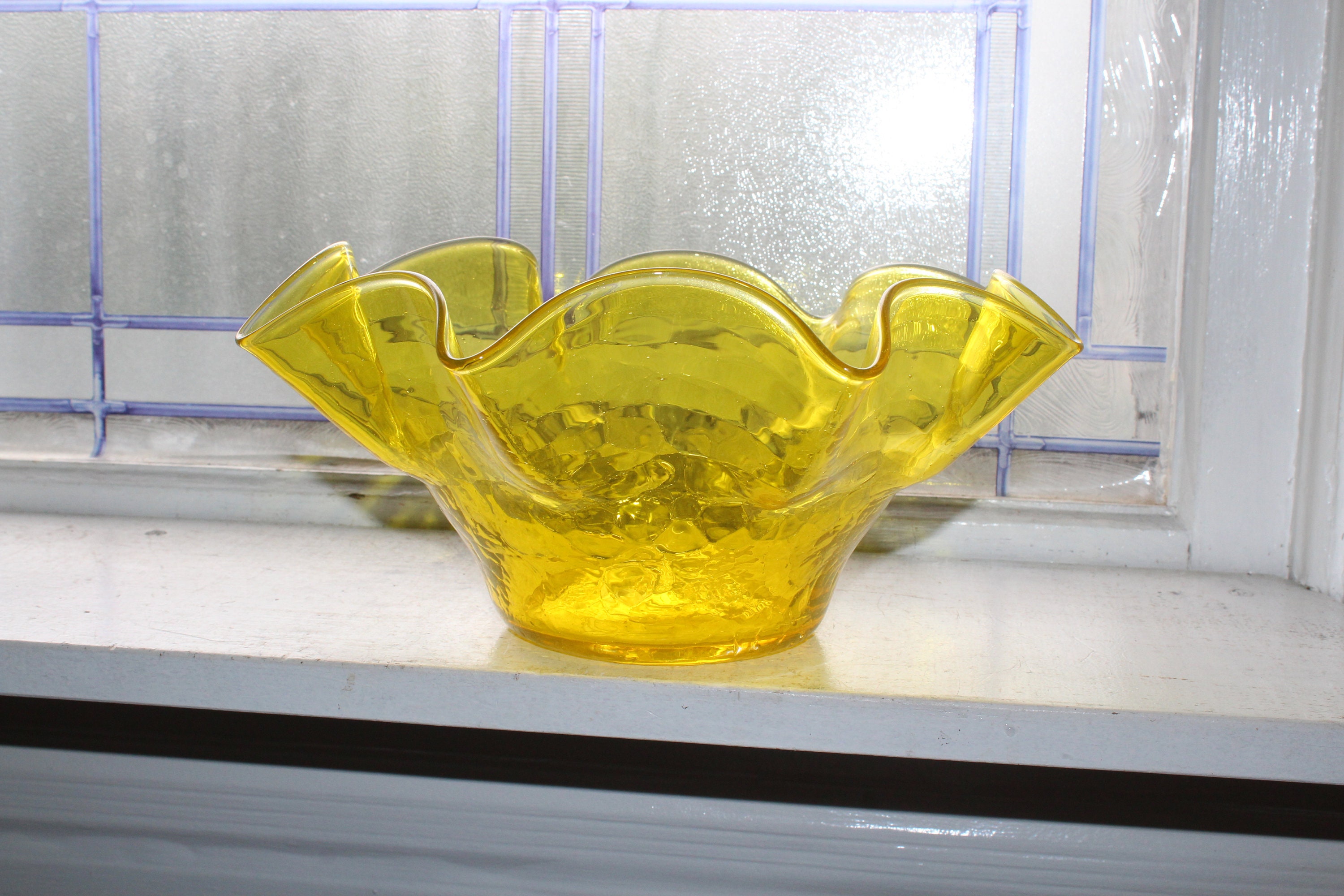 Large Vintage Blenko Bowl Mid Century Jonquil Yellow Crackle Glass