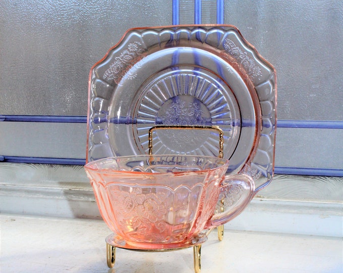 Pink Depression Glass Cup & Saucer Mayfair Open Rose Vintage 1930s