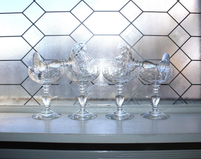 6 Art Deco Heisey Glass Champagne Glasses Olive Pattern 1940s