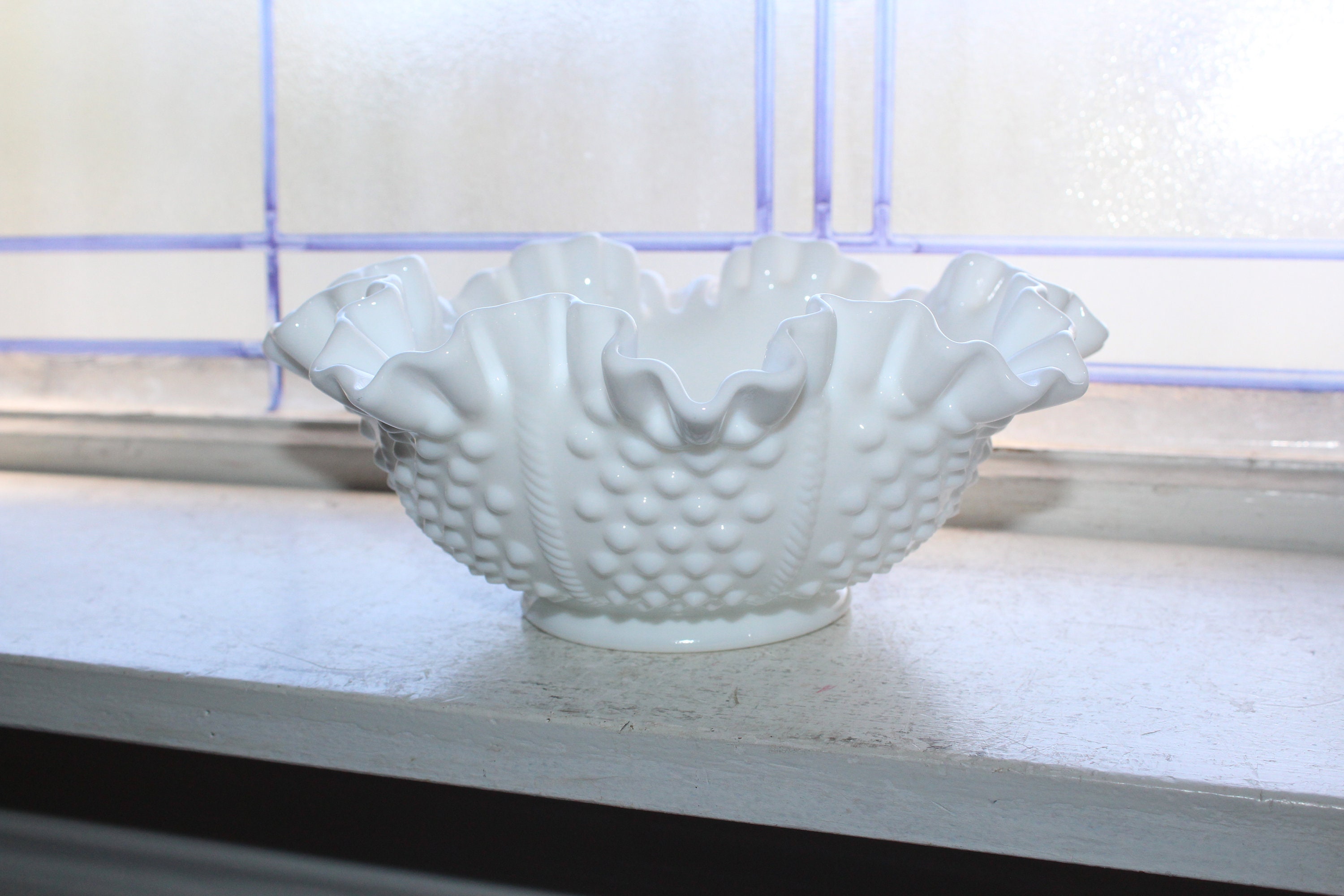 Large Fenton Milk Glass Hobnail Bowl Ruffled Rim Vintage 1970s