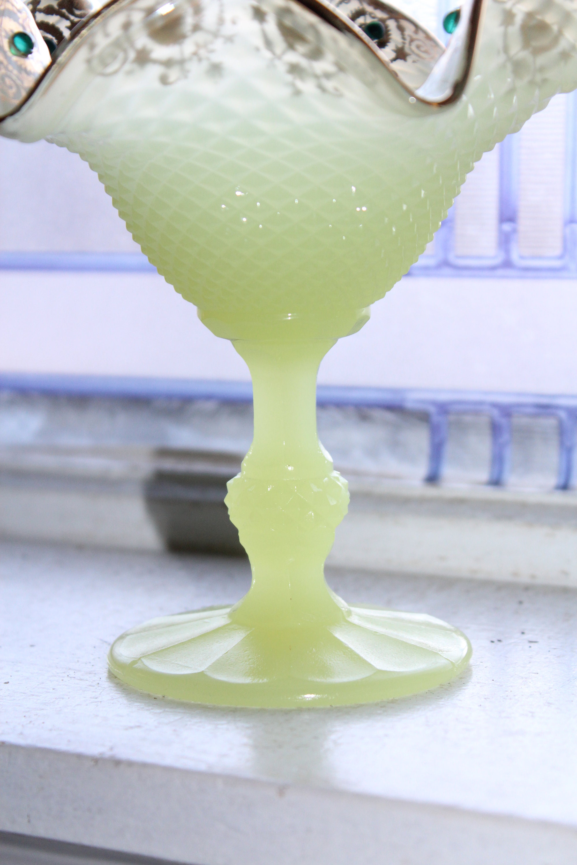 Antique Canary Yellow Vaseline Glass Jeweled Compote Diamond Point