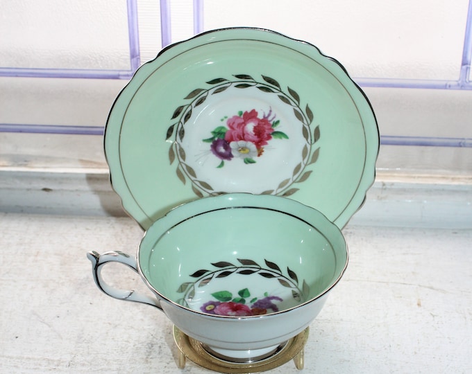 Paragon Tea Cup and Saucer Chrysantemums on Mint Green 1950s