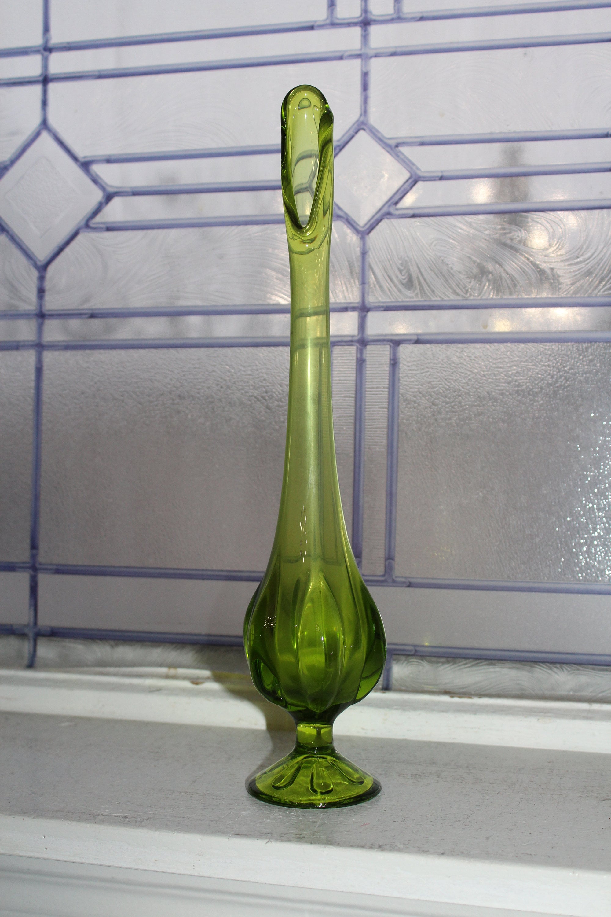 Green Swung Glass Hobnail Vase 13 Vintage Mid Century Modern