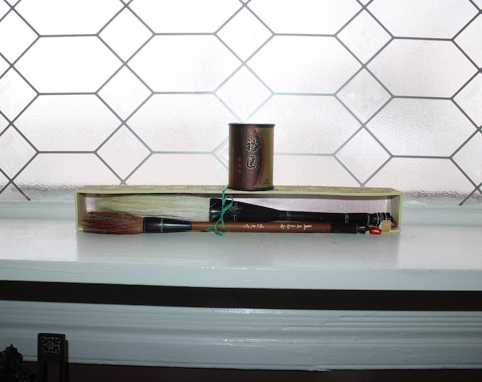 2 Vintage Asian Calligraphy Brushes and Yuyuan Tea Canister