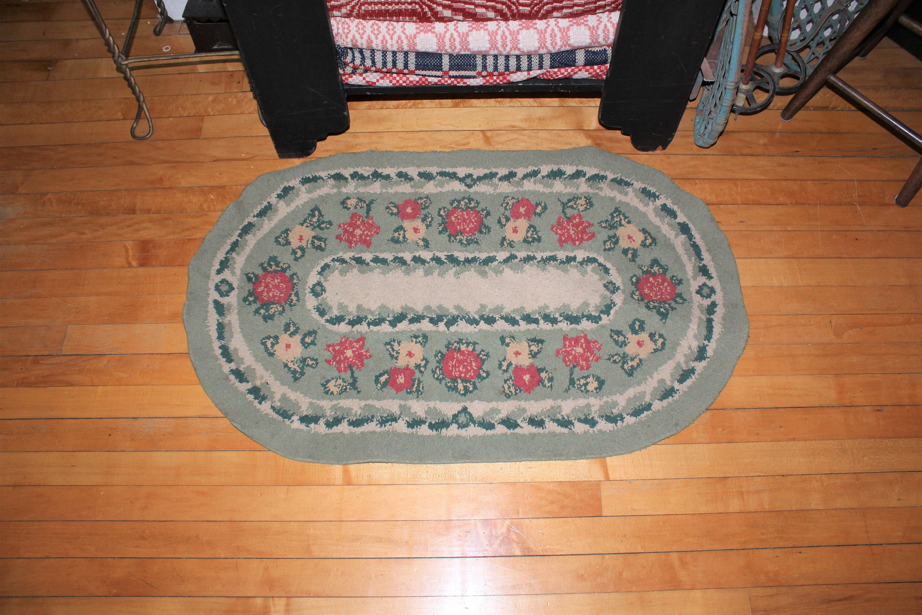 Vintage Rug Farmhouse Decor Flowers Green and Red