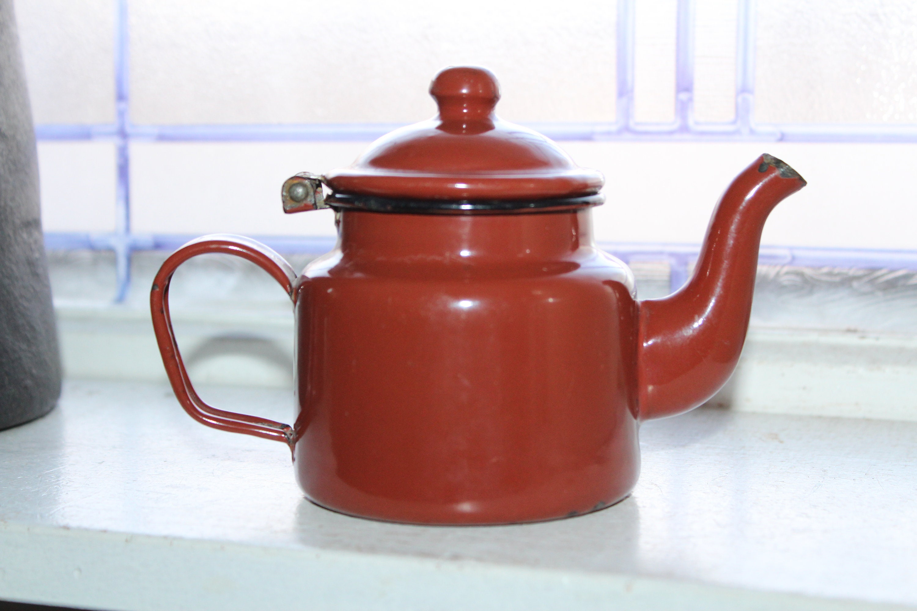 Vintage Teapot Enamelware Graniteware Red Kettle made in Poland AS