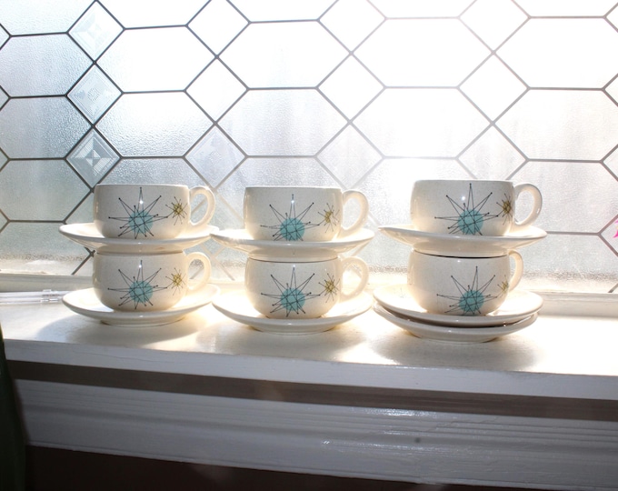 6 Franciscan Starburst Cups and 7 Saucers Vintage Mid Century Atomic 1950s