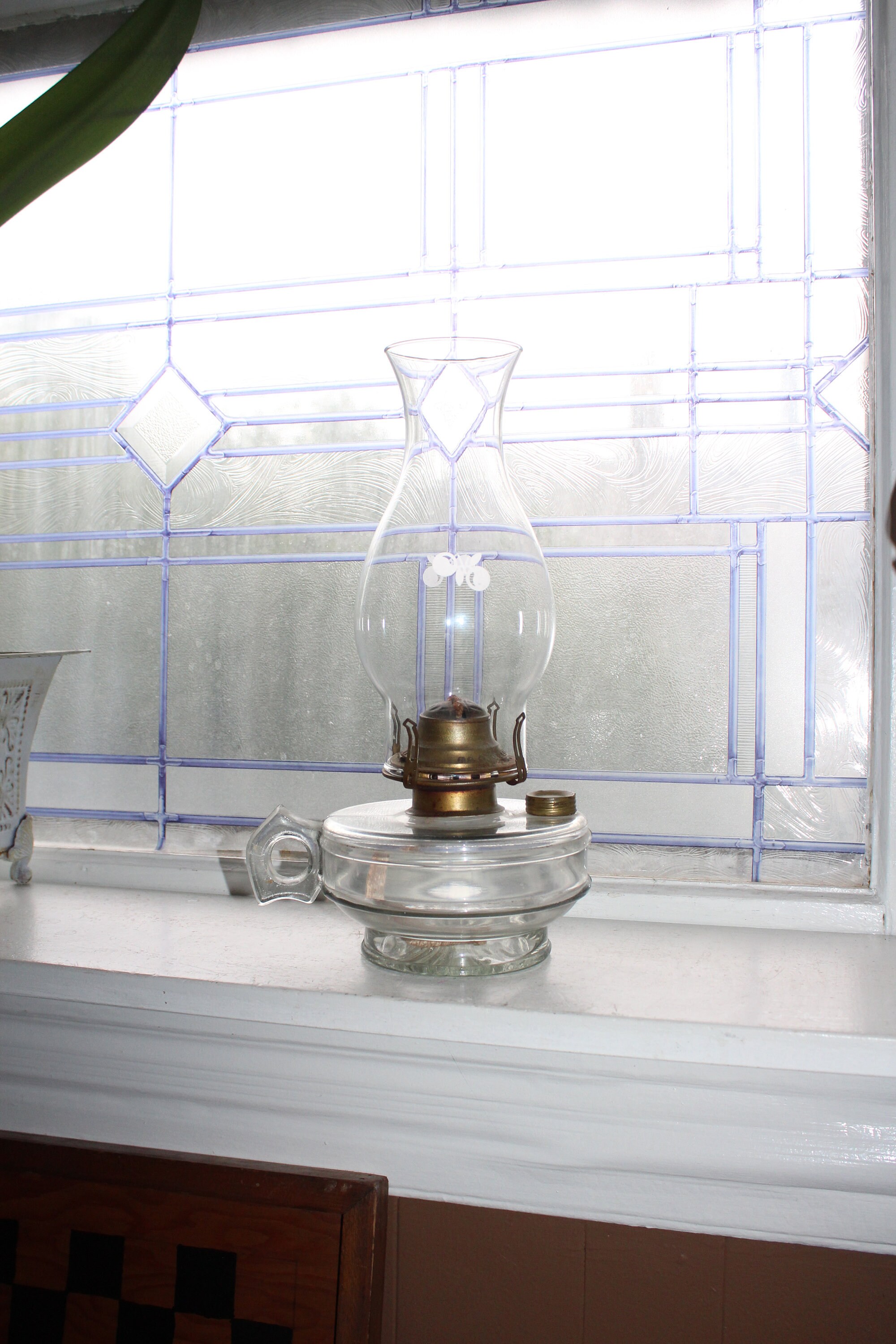 Antique Pressed Glass Oil Lamp with Handle Rustic Farmhouse Decor