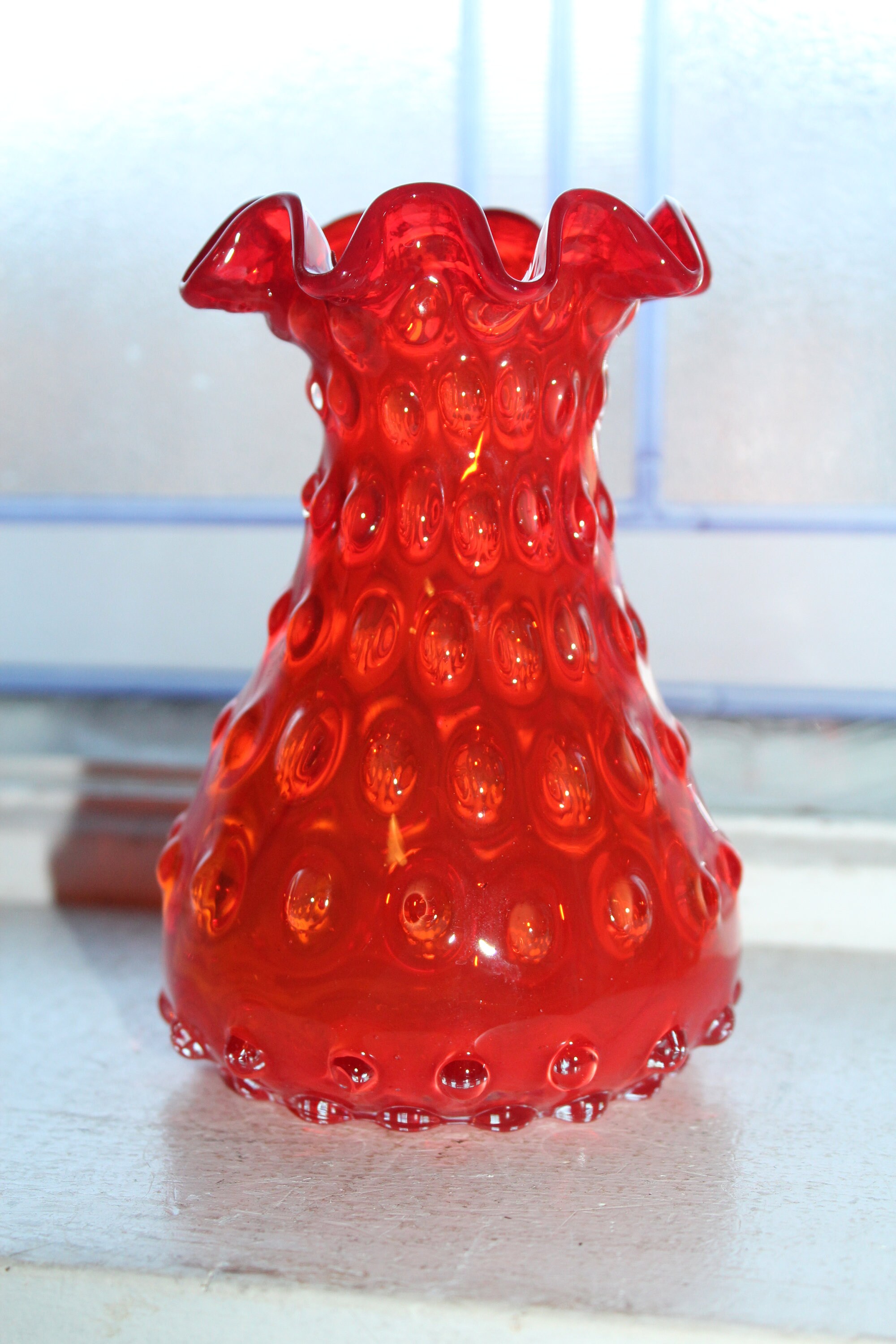 Vintage Murano Glass Vase Orange Hobnail Stretch 1950s