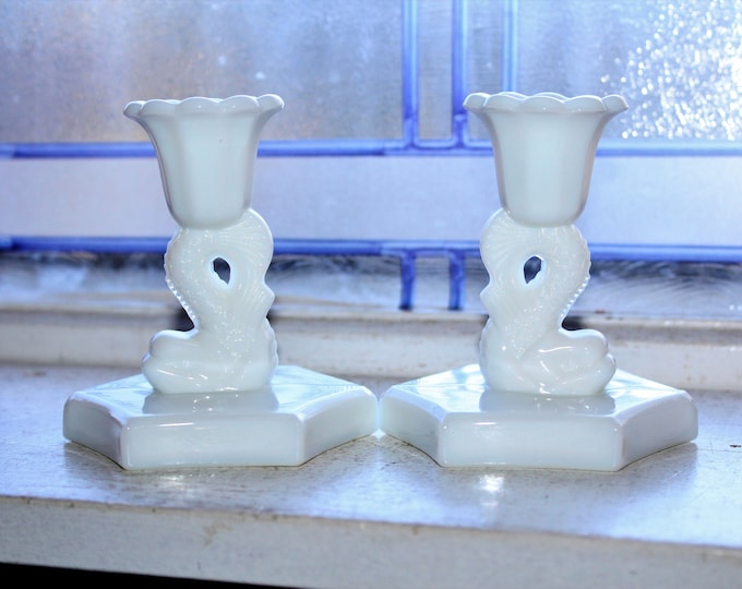 Milk Glass Candlestick Holders Pair Vintage Westmoreland Dolphin Shell