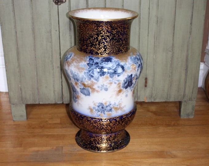 Rare Antique Doulton Burslem Floor Vase Umbrella Stand Gloire de Dijon Flow Blue
