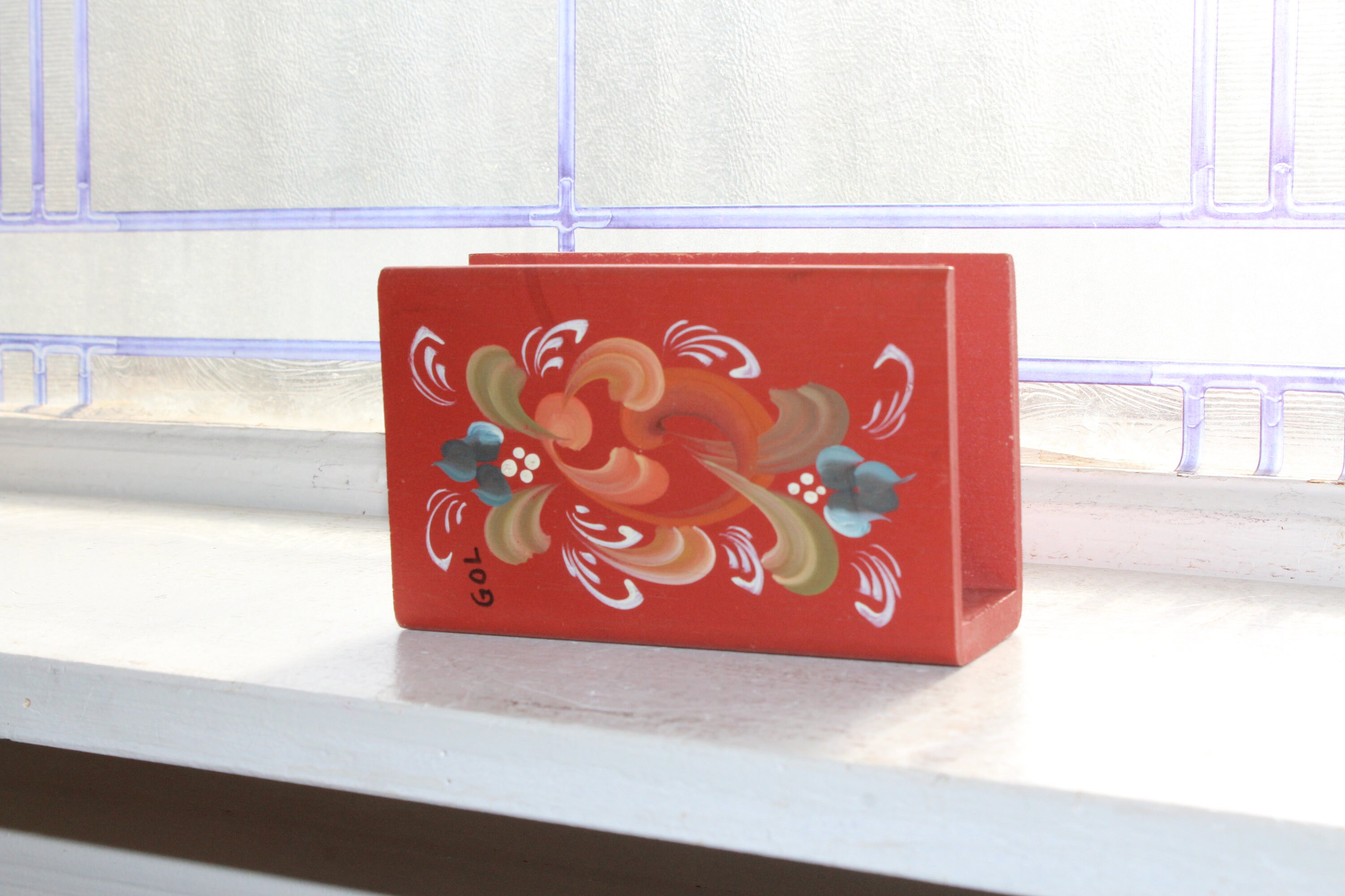 Vintage Norwegian Rosemaling Wood Napkin Holder Scandinavian Folk Art