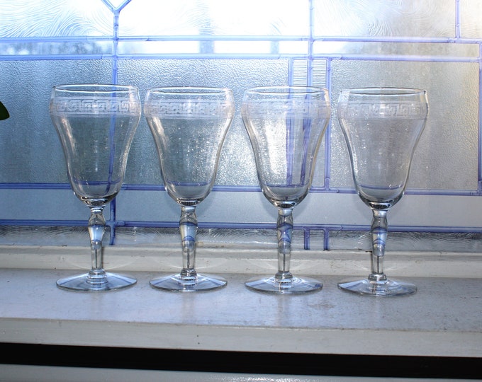 4 Art Deco Greek Key Etched Glass Wine Glasses Vintage 1920s
