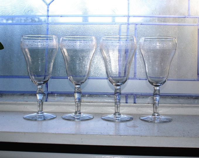 4 Art Deco Etched Glass Wine Glasses Vintage 1920s