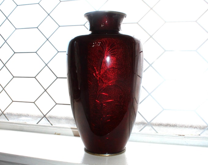 Large Vintage Japanese Akusake Ginbari Vase Pigeon Blood Red Chrysanthemums