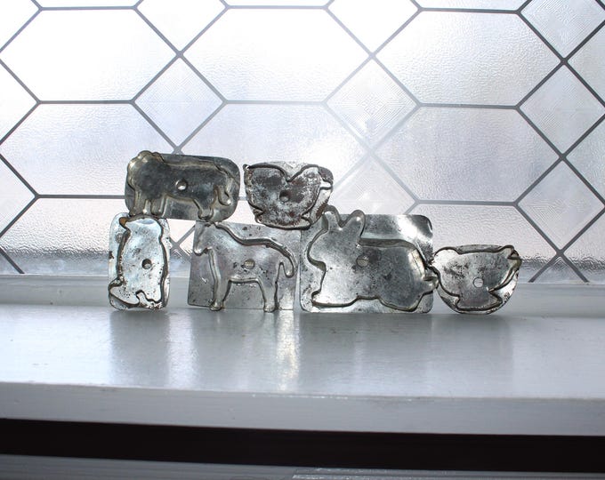6 Primitive Antique Tin Cookie Cutters Lion Chickens Rabbit Horse