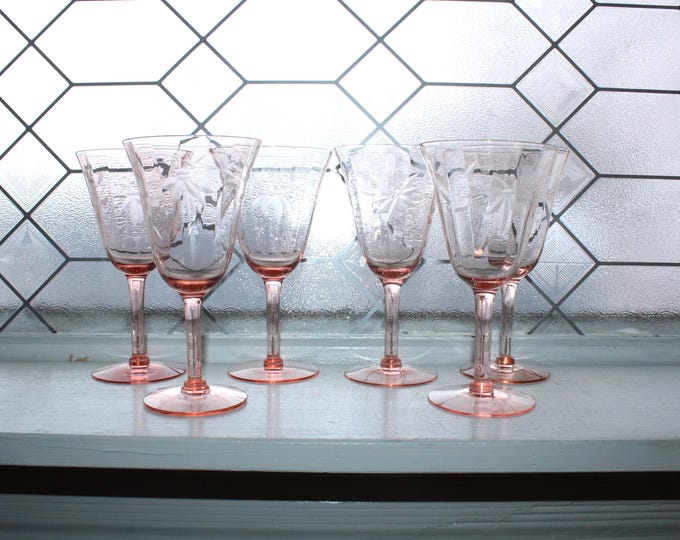 6 Pink Depression Wheel Cut Glass Wine Goblets 1930s Art Deco