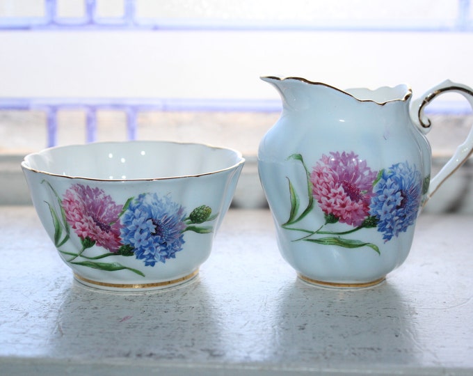 Paragon Sugar and Creamer Bachelor Button Flowers Vintage Bone China