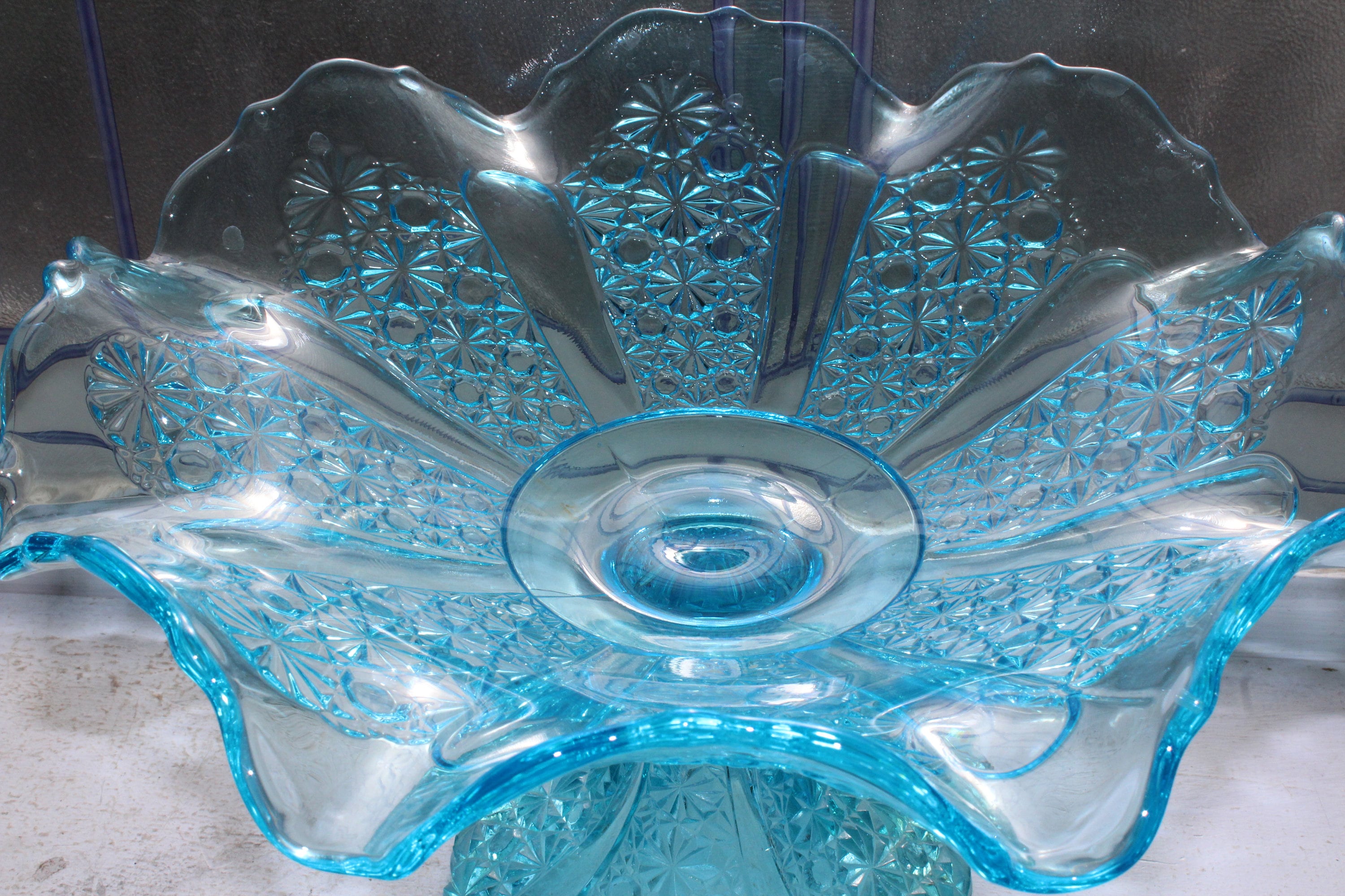 Vintage Fenton Glass Large Compote Blue Paneled Daisy and Button