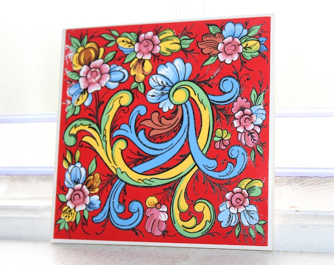Vintage Norwegian Rosemaled Trivet Tile Salem China Co Nordic Decor