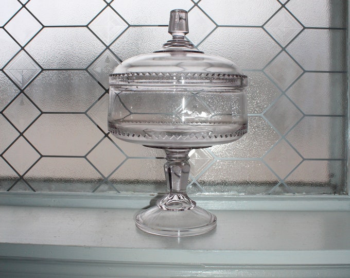 Antique EAPG Glass Compote with Lid and Sawtooth Trim 19th Century