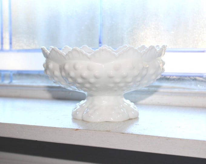 Vintage Fenton Milk Glass Hobnail Candle Holder Pedestal Dish Candlestick Holder