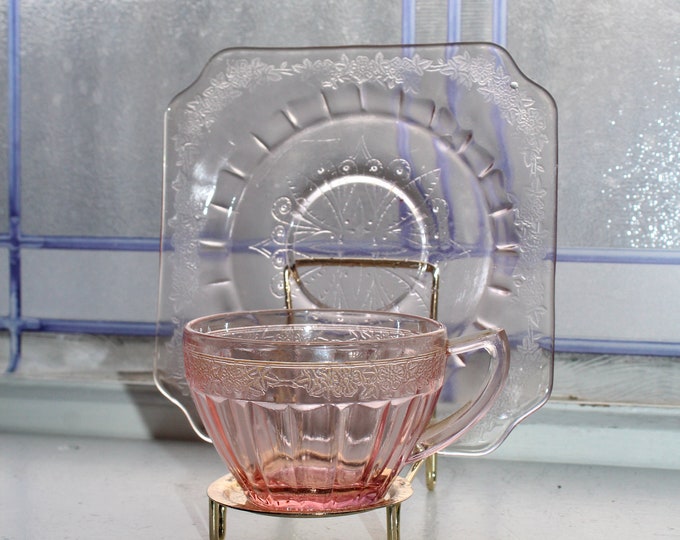 Pink Depression Glass Cup & Saucer Adam Vintage 1930s