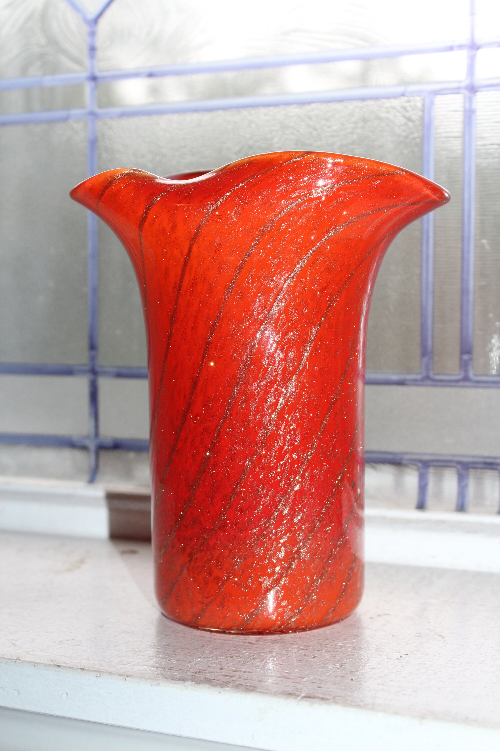 Vintage Murano Glass Vase Orange with Metallic Flake Spirals 1950s