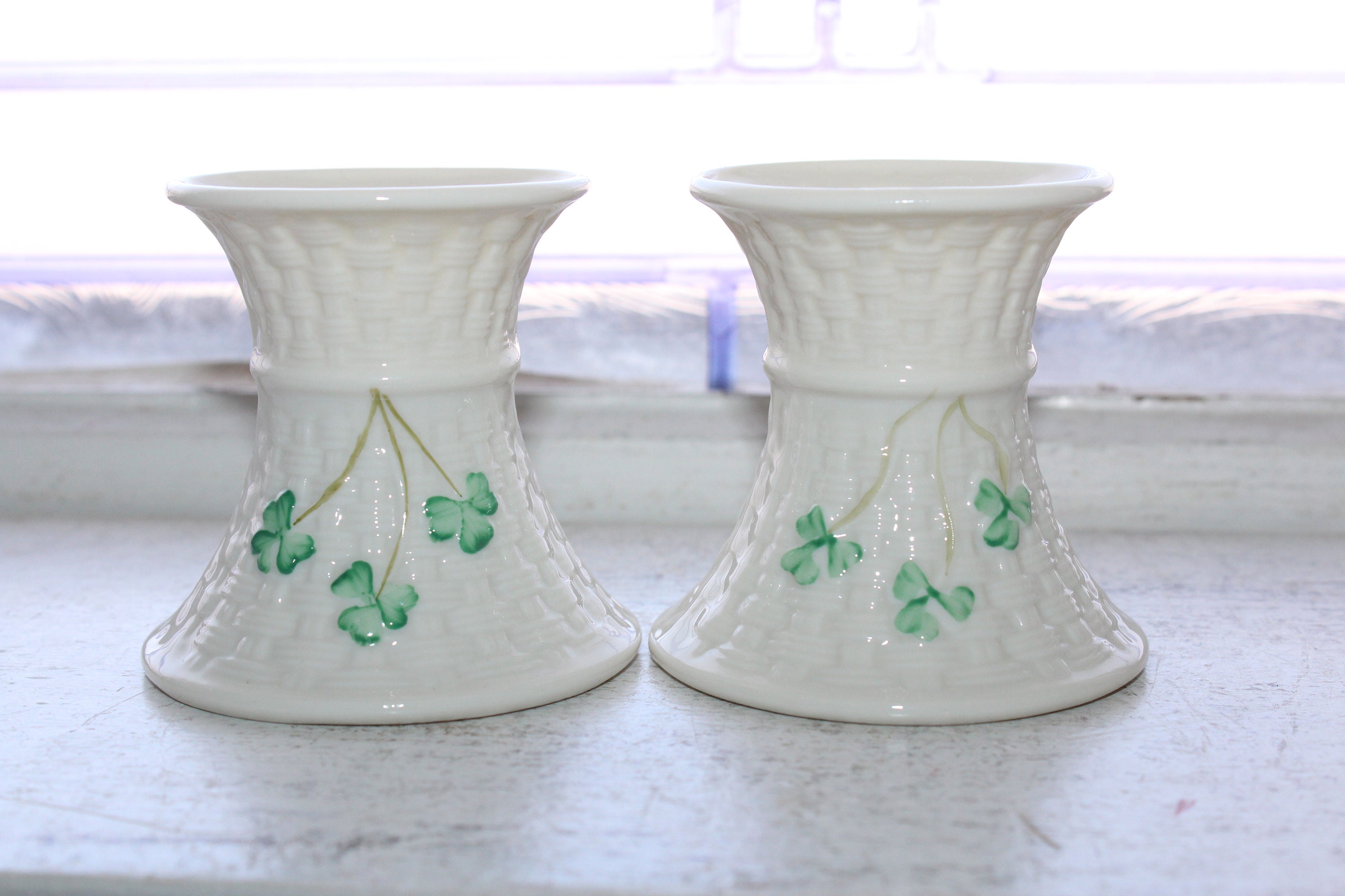 Vintage Irish Belleek Candle Holders Pair with Shamrocks