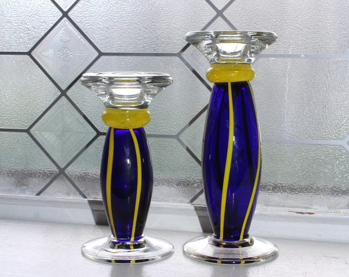 Exquisite Pair Signed Eisch Glass Candlesticks Blue Yellow