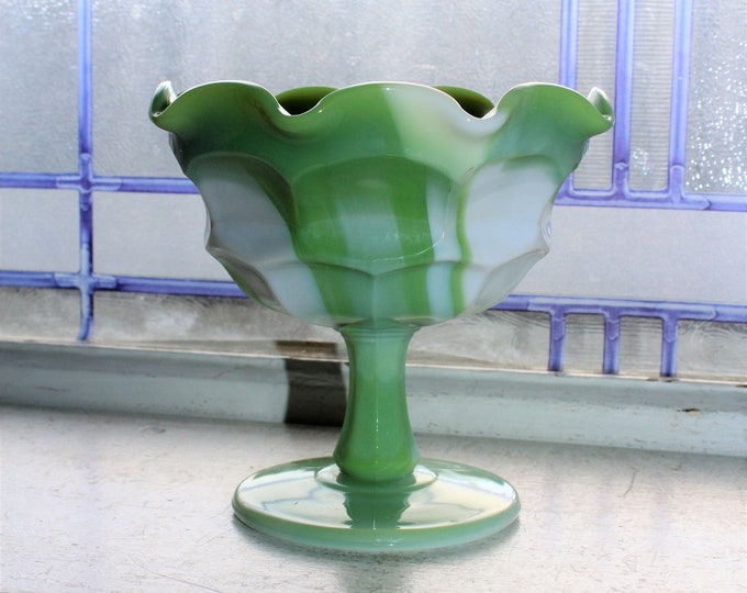 Vintage Westmoreland Slag Glass Compote Dish Apple Green and White