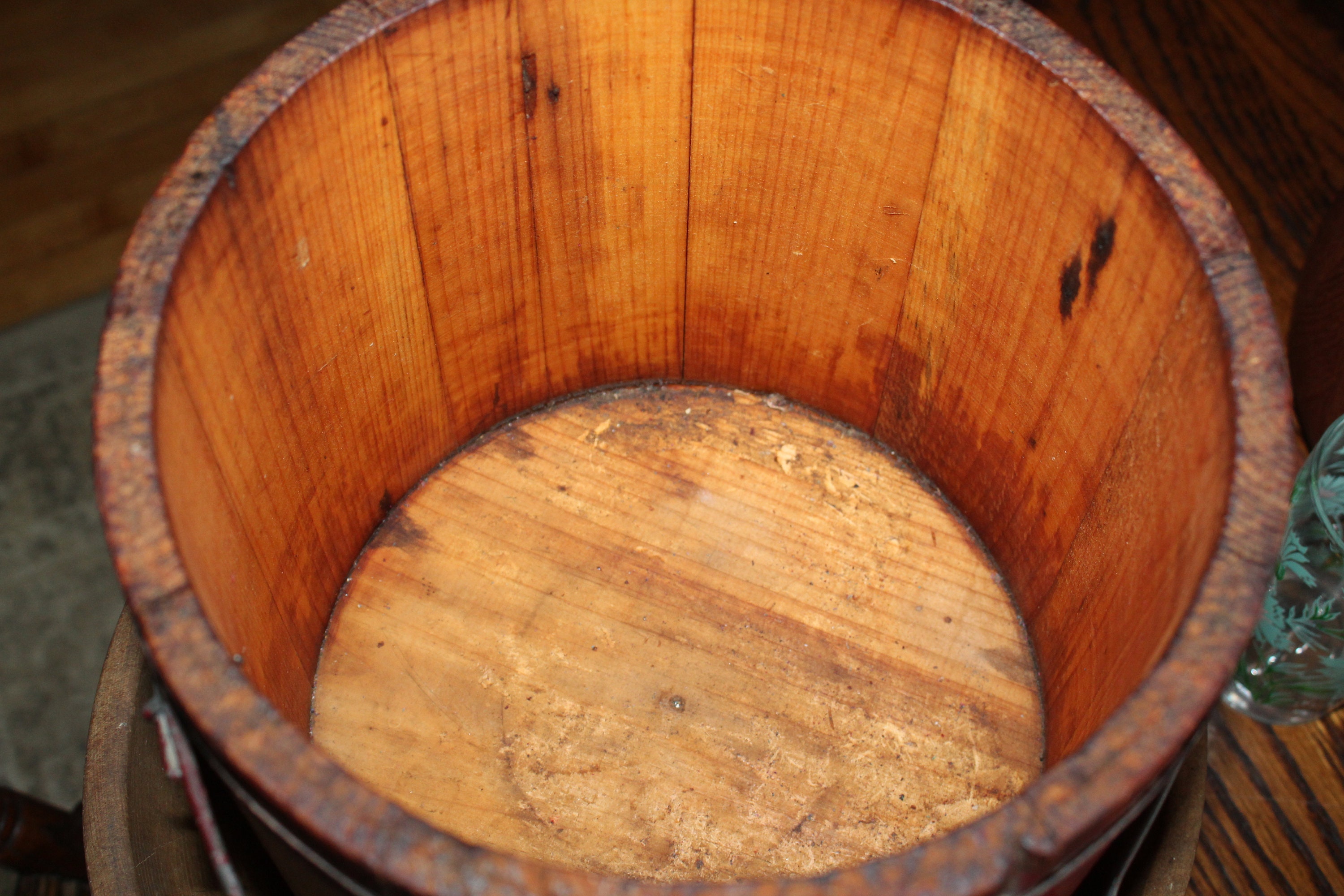 Antique Wood Firkin Sugar Bucket with Red Paint Rustic Farmhouse Decor