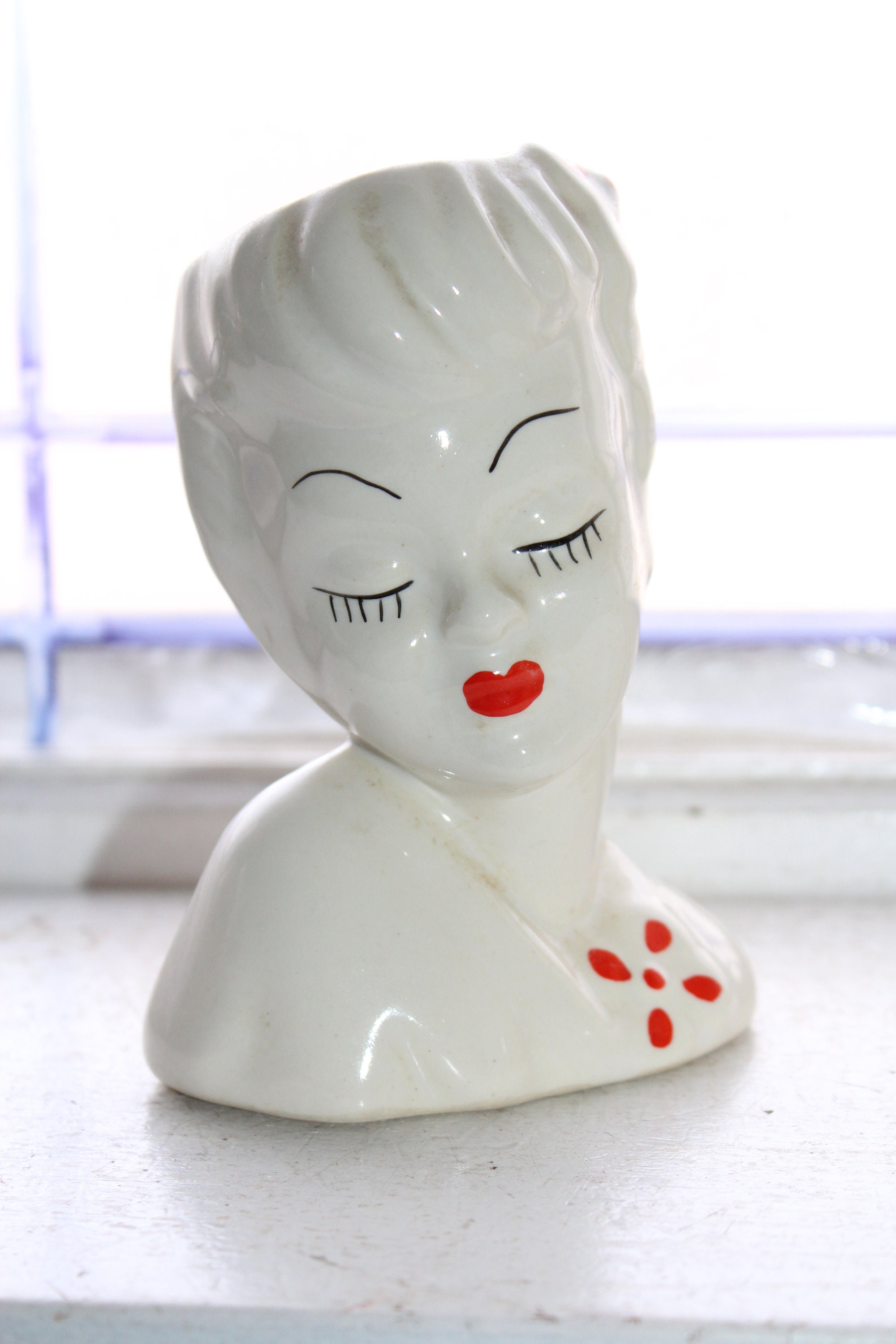 Vintage Lady Head Vase Red and White