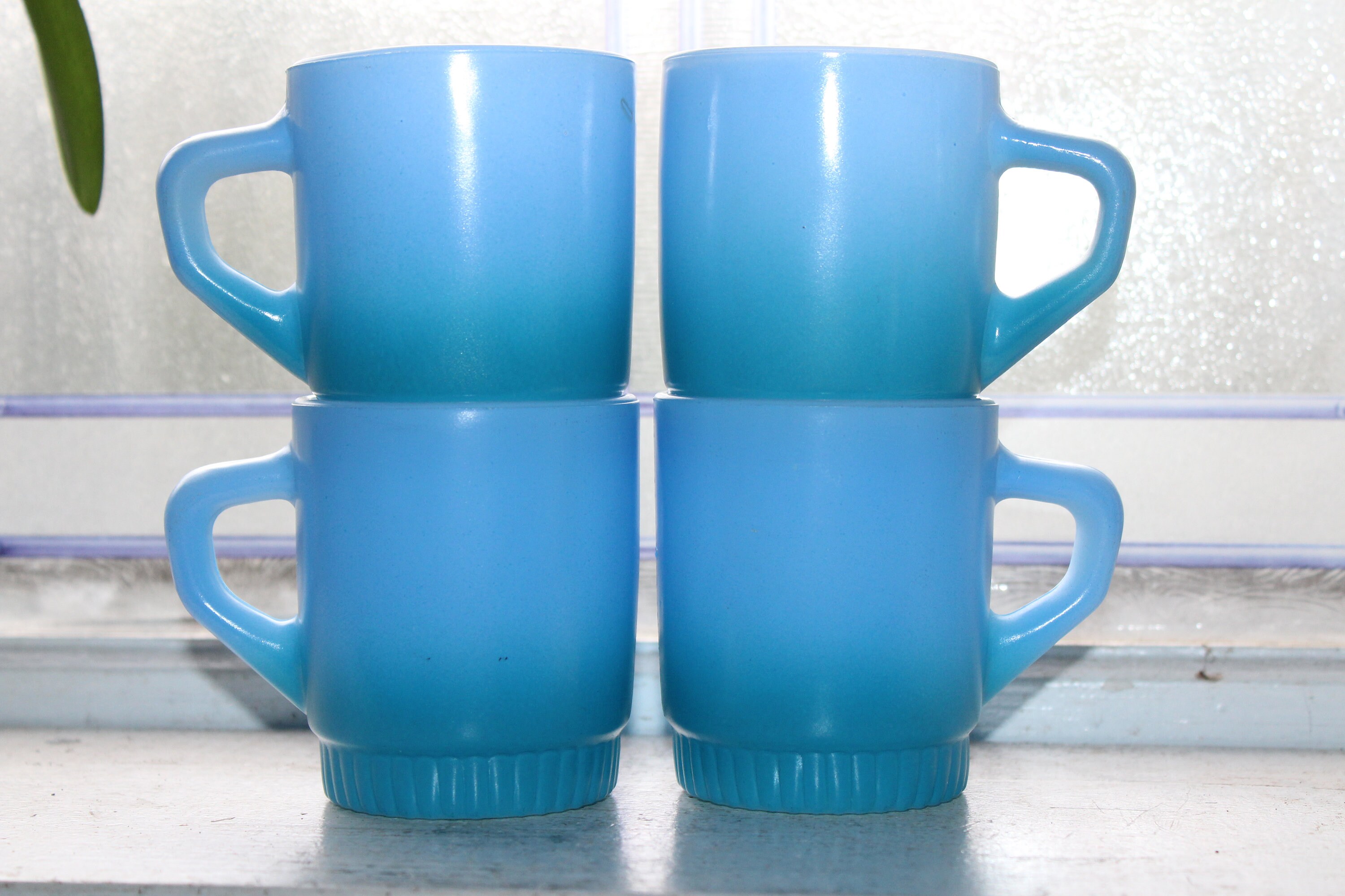 4 Fire King Mugs Retro Blue Ombre D Handle Stacking Vintage 1960s 4 Fire King Mugs Retro Blue Ombre D Handle Stacking Vintage 1960s