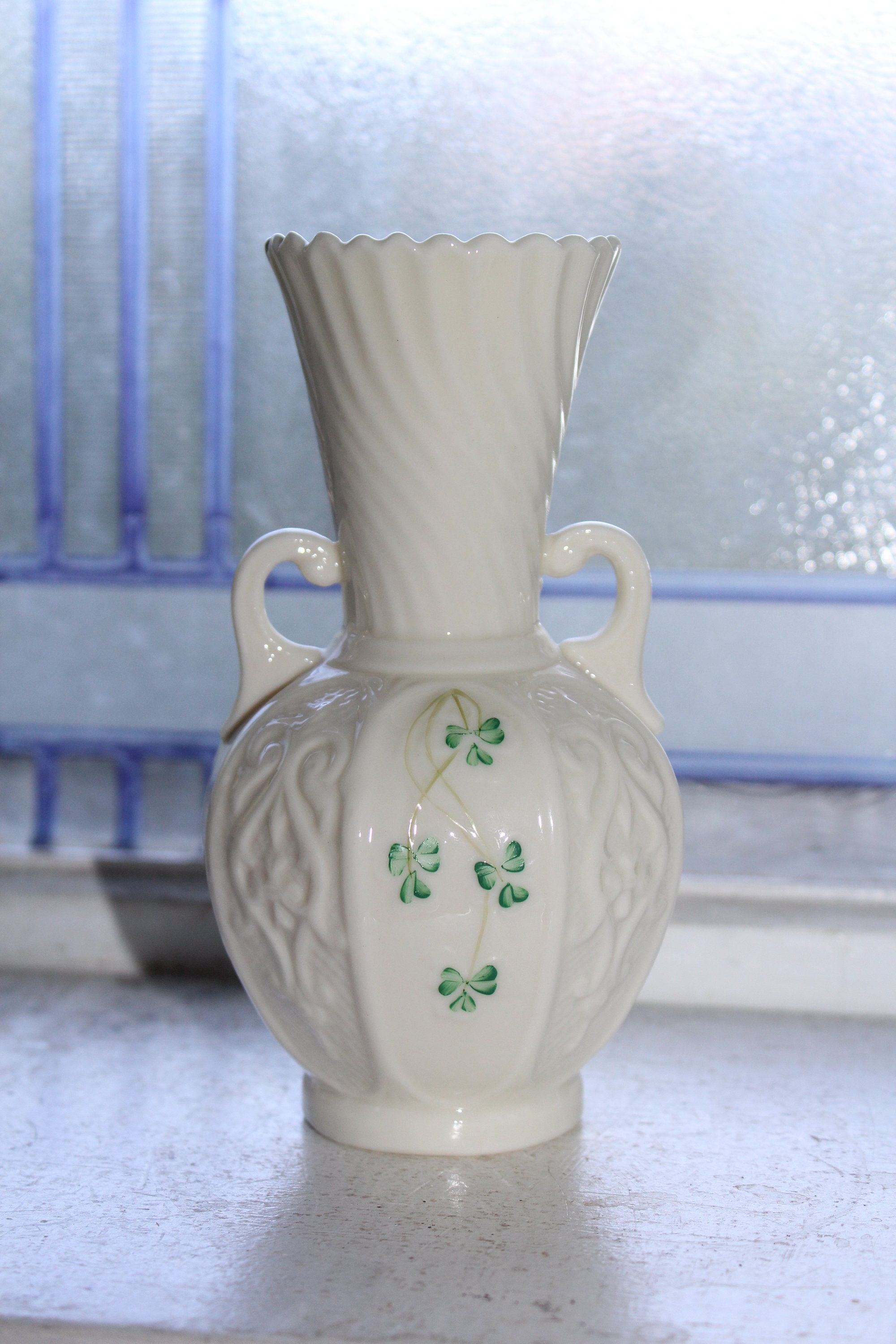 Vintage Irish Belleek Vase with Shamrocks & Handles 1960s