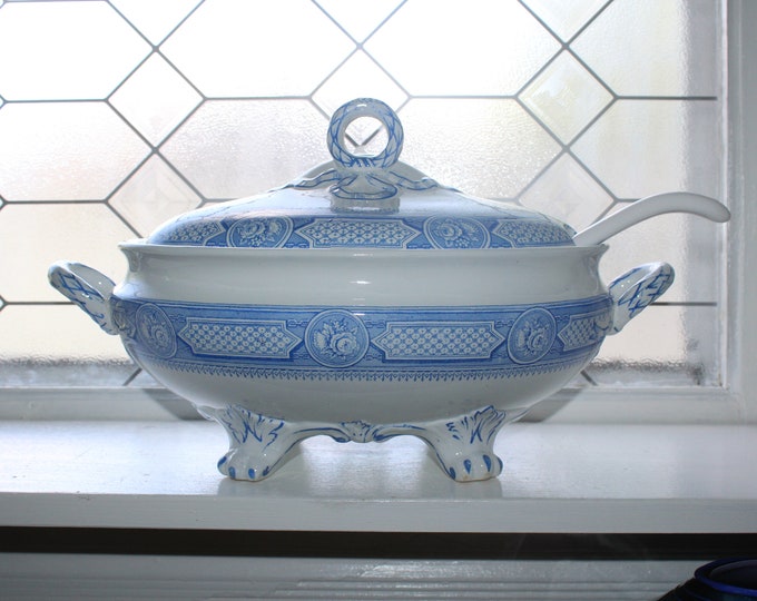 Large Antique English Blue Transferware Soup Tureen & Ladle Cameo Rose